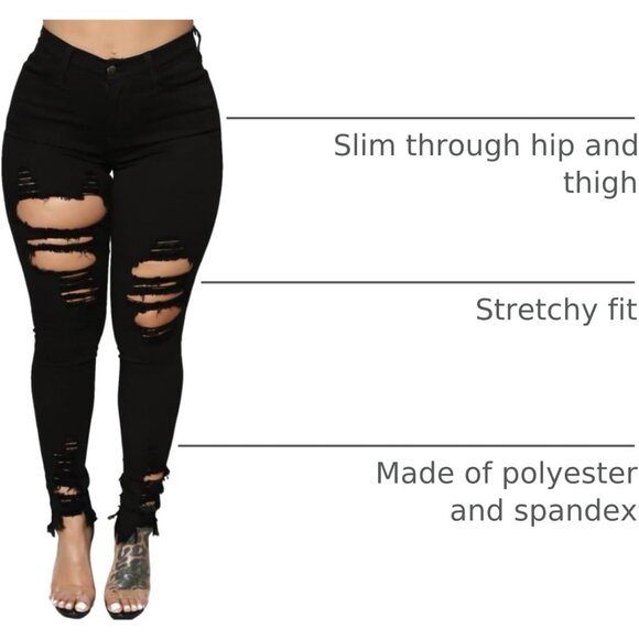 Women's Skinny Ripped Stretch Mid Rise Denim Jeans Casual Pants Black X-Large - Picture 4 of 9